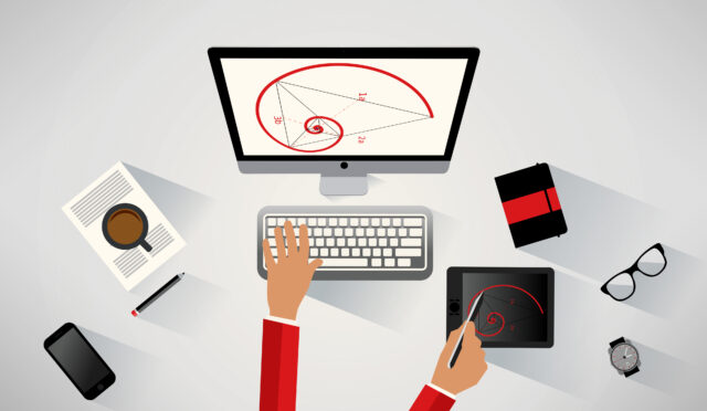 Designer working at the desk - Technical design concept