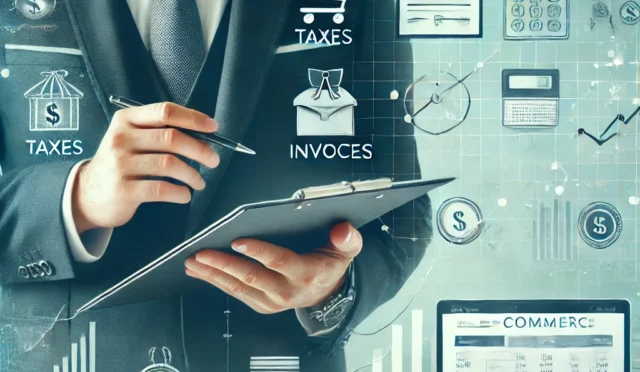 DALL·E 2024-10-05 17.24.49 - A professional digital illustration representing e-commerce business setup advice from a financial advisor. The image shows a person in business attir